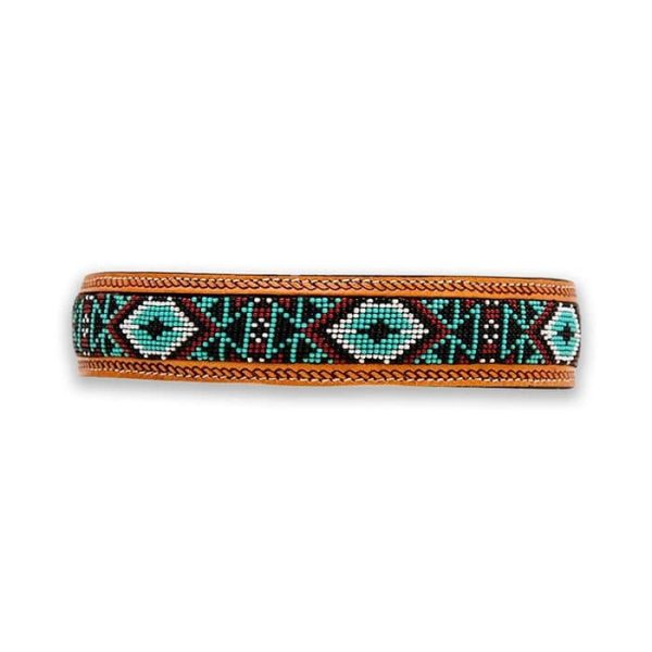 Diamond Hand-tooled beaded leather dog collar