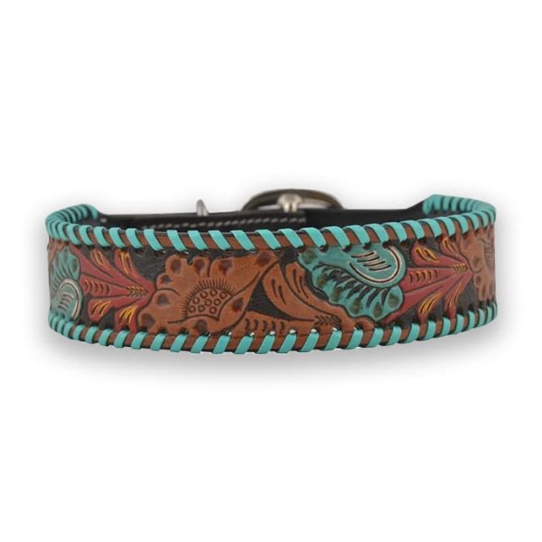 Floral turquoise buckstitch dog collar