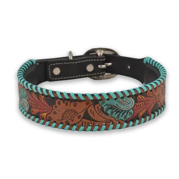 Floral turquoise buckstitch dog collar - Image 2