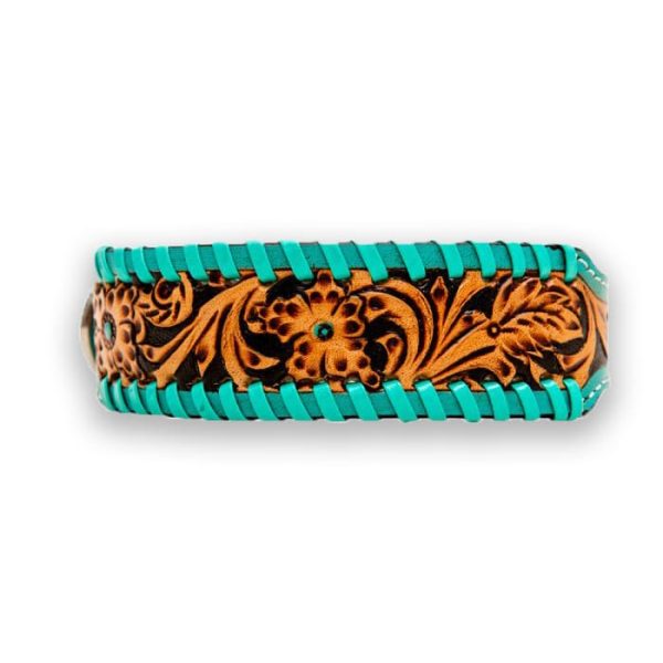 Leather Tooled Floral with Turquoise Buckstitch Dog Collar