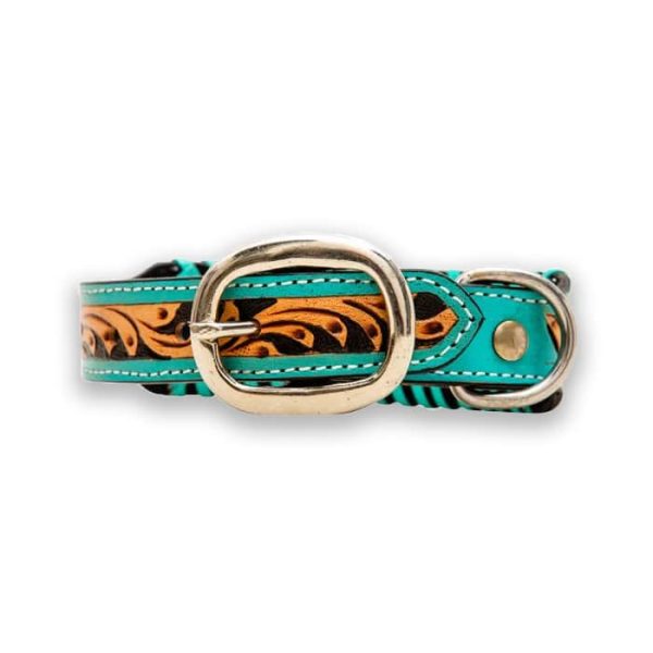 Leather Tooled Floral with Turquoise Buckstitch Dog Collar - Image 2