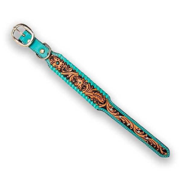 Leather Tooled Floral with Turquoise Buckstitch Dog Collar - Image 4