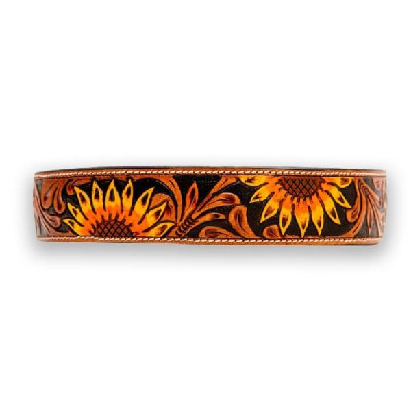 Sunflower hand-tooled and hand-painted leather dog collar